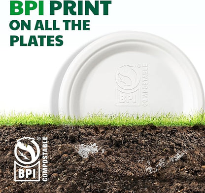 100% Compostable Paper Plates, 10 Inch, 125 Count, Biodegradable Bagasse Plates, Heavy Duty Disposable Plates Bulk for Party | Microwave-Safe | Soak-Resistant, Cut Resistant