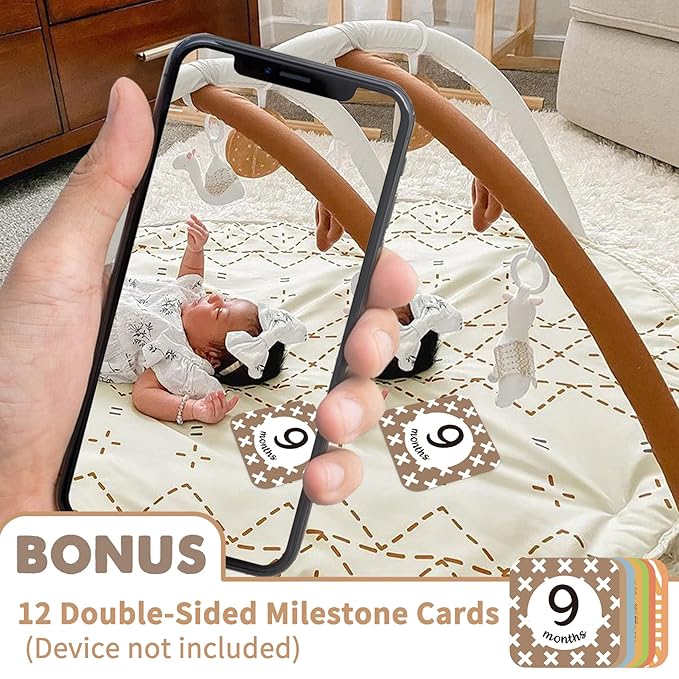 Tummy Time Activity Mat, Macrame Baby Play Gym Mat with 6 Detachable Toys and 12 Milestone Cards for Stage-Based Sensory and Motor Skill Development, Washable Play Mats for Infant, Non Slip Play Mat