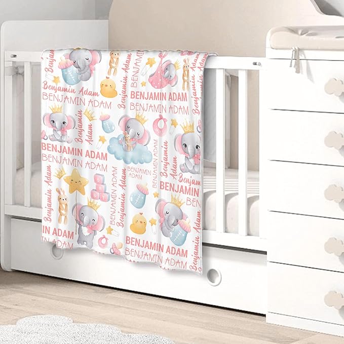 Personalized Baby Blanket for Girls Boys Kids Elephant Custom Baby Blanket with Name Throw Birthday Gift for Toddlers Infants Shower Newborns Nursery Stroller Crib Bed Decor