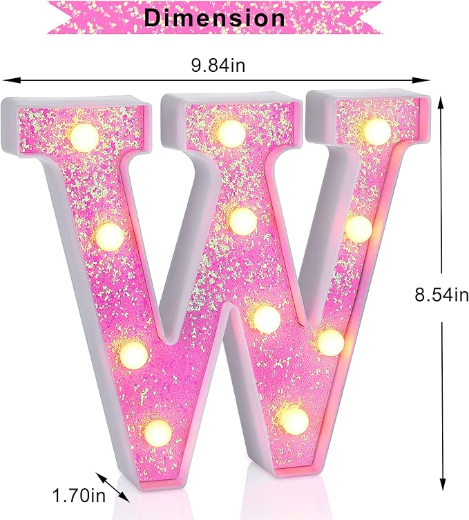 Foaky Pink Light up Letters，Pink Party Decorations,Girls Room Decor,Glitter Light Up Letters,Alphabet Letter Sign for Night Light Birthday Party Girls Gifts, Home Bar Decoration（W）