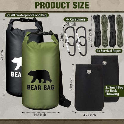 2 Sets Bear Food Bag for Camping Ultralight Food Bag Hanging System Includes 2 Pcs 10 L Waterproof Bear Bag Pulley System and 4 Pcs Nylon Ropes 4 Pcs Clips 2 Pcs Rock Pouch