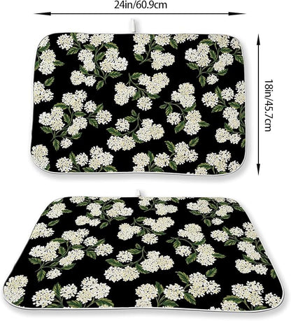 Black Dish Drying Mat 18x24 Inch Green Vintage Floral Hydrangea Flower Drying