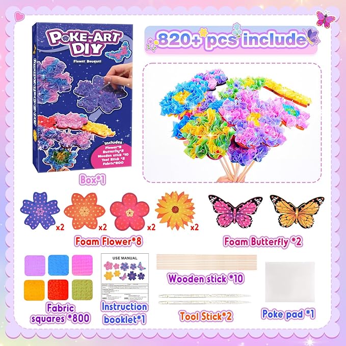 MDINGTD Toys for 4 5 6 7 8+ Year Old Girls, Poke Art Flower Bouquet with 8 Flowers & 2 Butterflies Arts and Crafts for Girls Ages 4-8 DIY Creative Activity Birthday Xmas Gifts Craft Kits