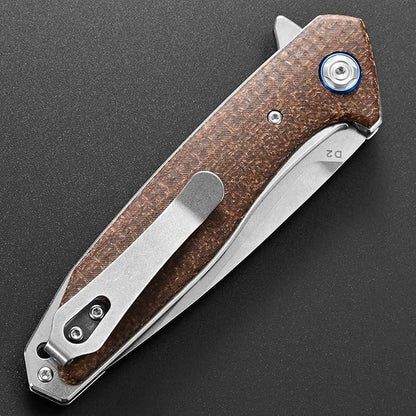 Eafengrow EF972 Folding Knife, D2 Steel Blade Micarta Handle Pocket Knife Folder for Outdoor Camping Hiking Working EDC Tool Knife(Brown)