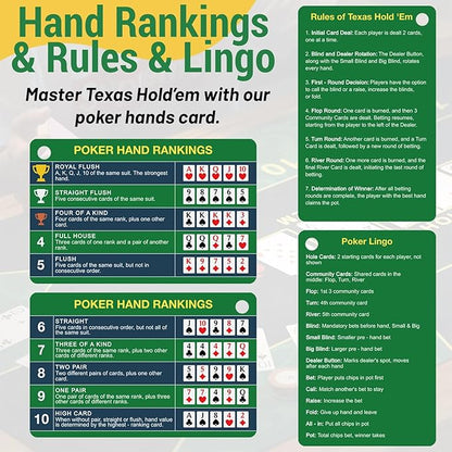4-Pack (8 Cards) Poker Hand Rankings Cards Set with Magnifier & Clip, Texas Hold'em Cheat Sheet & Rules Guide, Sturdy Poker Accessories for Beginners, Pros, Poker Night