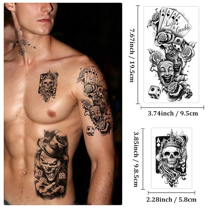 Casino Temporary Tattoos (77 Sheets), Fake Tattoo for Adults and Kids, Waterproof Fake Body Tattoo Stickers for Halloween, Parties, Cosplay, Casino Night - Realistic Poker/Dice/Skull/Chicano Designs