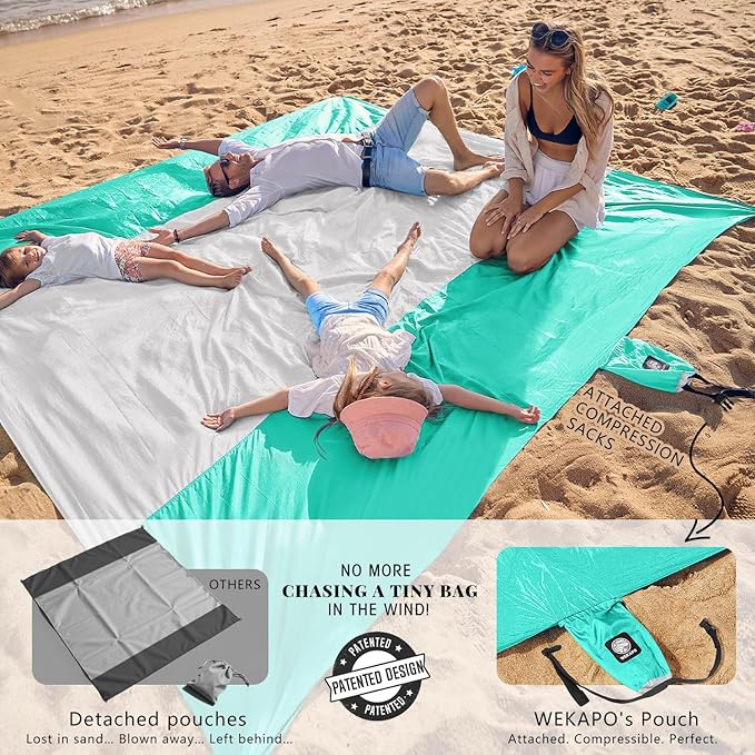 WEKAPO Beach Blanket Sandproof Waterproof, Extra Large Beach Mat, Oversized & Compact Sand Free Mat Quick Drying, Lightweight & Durable with Stakes & Corner Pockets