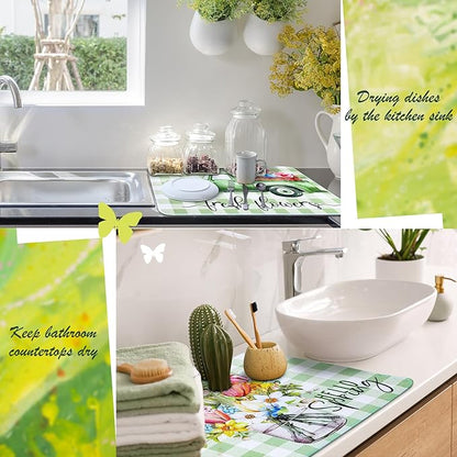 SiliFine 2 Pcs Dish Drying Mat for Kitchen, Spring Floral Absorbent Microfiber