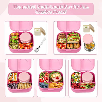 Bento Lunch Box for Kids with 12oz Soup Thermo,4 Compartments Lunch Box Containers Kids, Includes Foldable Spoon &Sauce Jar, BPA Free&Leak proof,Insulated Food Jar for Travel,School (Pink)