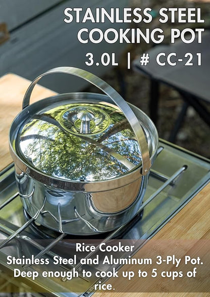 CAMPINGMOON 3.0L Cooking Pot 3-ply Stainless Steel IH Compatible Rice Cooker CC-21