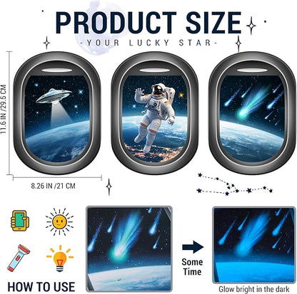 Glow in The Dark 3D Space Wall Decals, Set of 3 Galaxy Window Stickers for Wall, Space Themed Room Decor for Kids Boys (Blue)