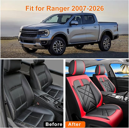 Ranger Car Seat Covers Custom Fit for Ford Ranger 2019-2026 Full Coverage Leather Waterproof Breathable Seat Covers Full Set, Automotive Seat Protectors, Airbag Compatible(5 Seats, Black & Red)