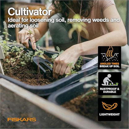 Fiskars House Plant Starter Tool Set with Set with Bypass Pruner, Trowel, Cultivator, and L/XL Garden Gloves for Indoor Gardening (4 Piece Kit)