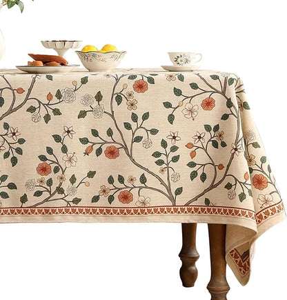 ISAENNE Designer Floral Table Cloth Rectangle,French Linen Light Beige Indoor Tablecloth,Fall Wrinkle Resistant Decor Tablecloths for Dining Thanksgiving Kitchen Party,55"*87"-Flora A