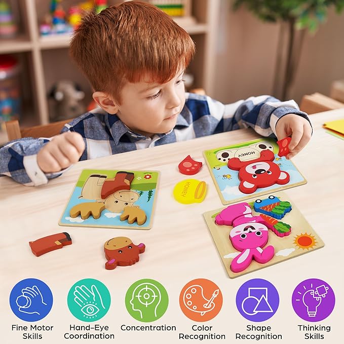 BenBen Wooden Puzzles for Toddlers 1-3, 8 Pack Animal Puzzles for Toddlers 2-4, Montessori Toys for 1 2 3 Year Old Boys Girls, Learning Educational Preschool Toys