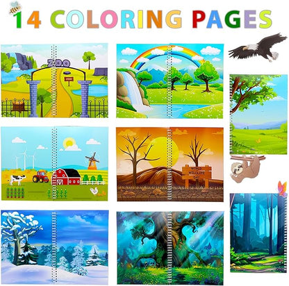 Jelly Sticker Book for Kids 2-4 Travel Essentials, Reusable Sticker Book + 8 Scenes + 2 Matching Games + 51 Large Animal Stickers for 1-3 Toddler Activities (Animals)