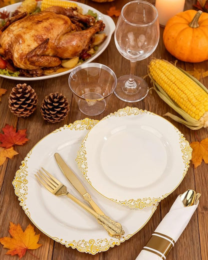 Nervure 350PCS Ivory Plastic Plates - Ivory Gold Plastic Dinnerware Sets for 50 Guests - 100 Gold Disposable Plates, 50 Pre Rolled Silverware Sets, 50 Cups Perfect for Wedding & Thanksgiving