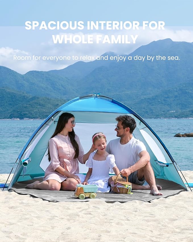 OutdoorMaster Beach Tent for 3/4 Person - Easy Setup Sun Shade Shelter, Portable Beach Shade Sun Canopy with UPF 50+ UV Protection, Removable Skylight Family Size
