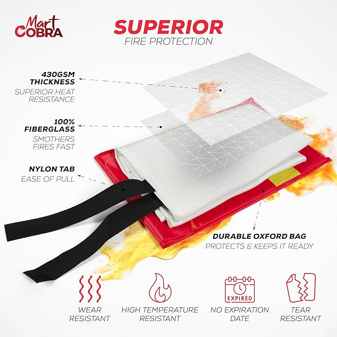 Mart Cobra Emergency Fire Blanket for Home and Kitchen - 4 Pack - Fire Blankets Emergency for Home Safety 40??x 40??- Suppression Shield Retardant Extinguisher Fiberglass Welding Fireproof Cloth Towel