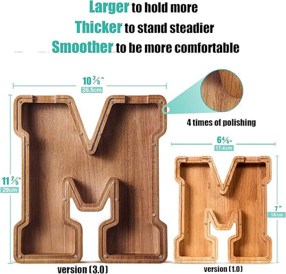 Summidate Large Wooden Piggy Bank for Kids Adults, Alphabets Letter A-Z Piggy Bank for Boys Girls, Coins Bills Change Bank Box Personalized Initial Name Kids Money Bank for Birthday Present and Decor