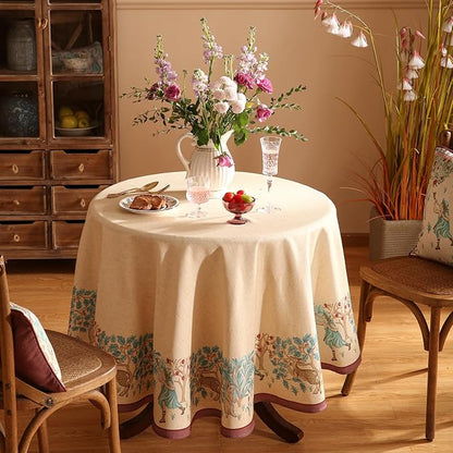 patdrea Designer Vintage Linen Round Tablecloth,Beige Breathable French Trees Pattern Table Cloth,Fall Decoration Table Cover for Kitchen Dining Christmas,Thanksgiving,Diameter 67"-Tatiana D