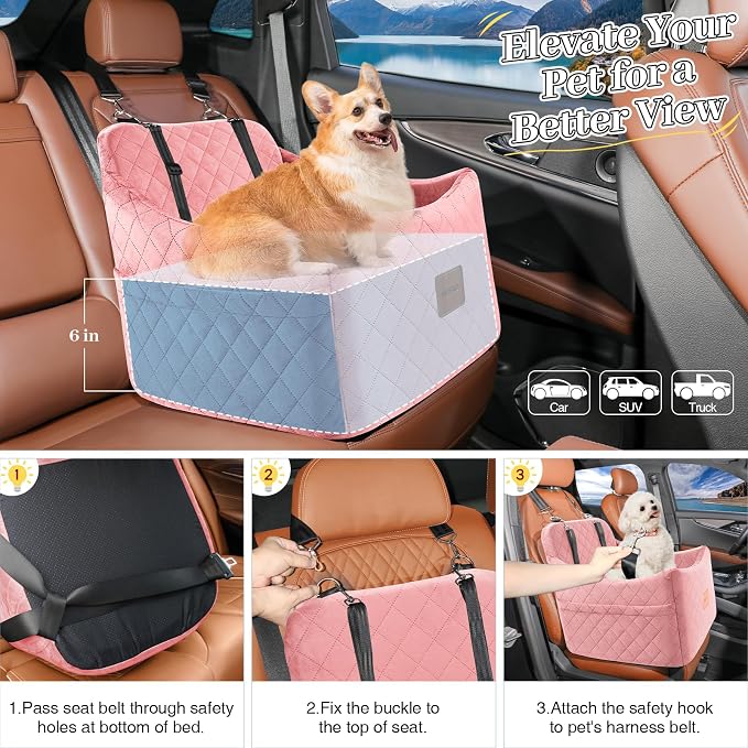 Dog Booster Car Seat for Dogs up to 35lbs, Safety Pet Car Seats with Anti-Slip Bottom, Travel Booster Dog Bed with 2 Storage Pockets (Pink, Medium)