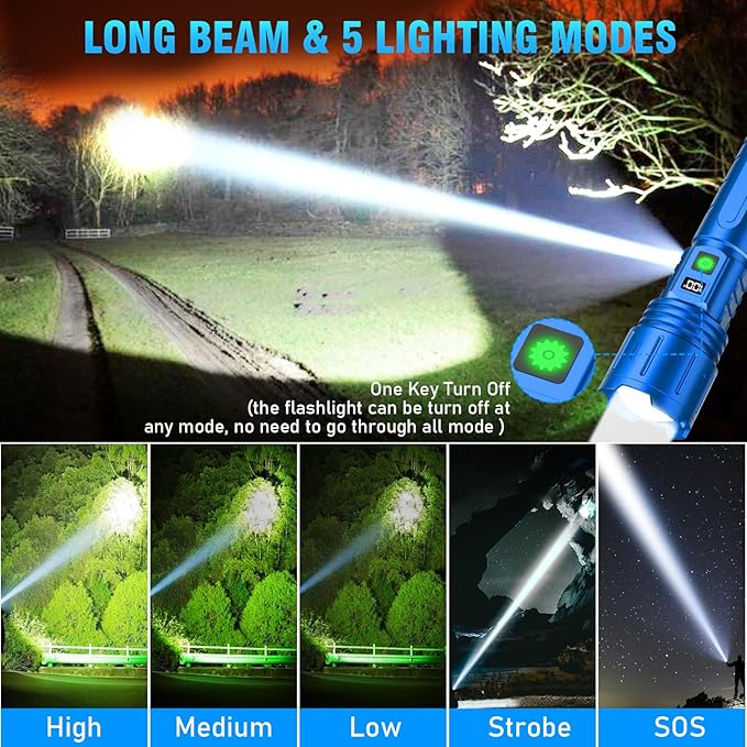 Rechargeable Tactical Flashlights High Lumens - 1500 Meters Long Beam Super Bright LED Flash Light with Power Display & IPX5 Waterproof for Camping, 20H Runtime,5 Modes,Zoomable Handheld Flashlight