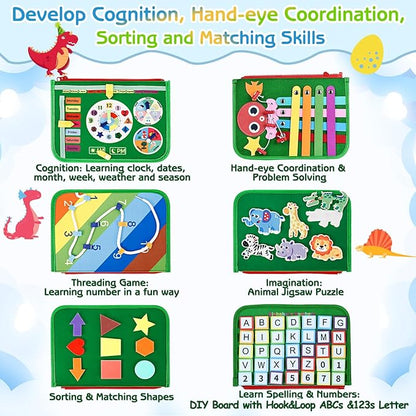 Esjay Toddler Busy Board Montessori Toys for Boys and Girls, Sensory Board Educational Activities for Learning Fine Motor Skills, Birthday Gifts Toddlers, Travel Toys for Airplane Car, Green Dinosaur