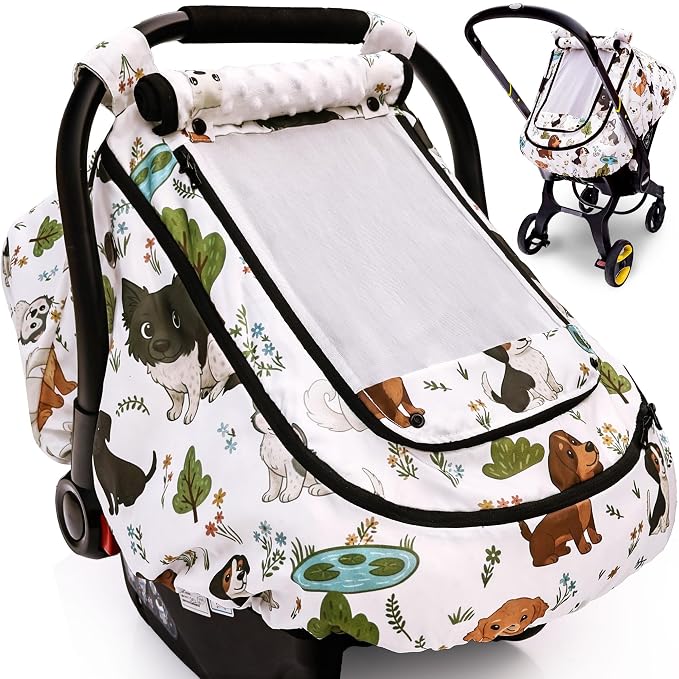 Waterproof Baby Car Seat Cover，YVMVDV Patented Cold Weather Carseat Cover for Babies,Infant Car Seat Cover Canopy for Boy Girls, Keeps Babies Warm and Cozy (Cute Dog)