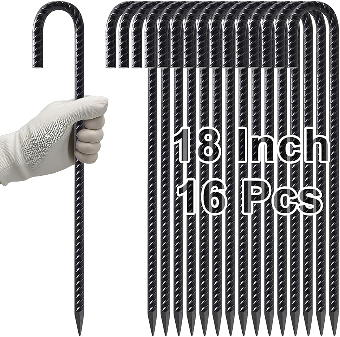 VVOKGO Rebar Stakes 18 Inch J Hook Heavy Duty Ground Anchors (16-Pack), 3/8" Diameter Metal Steel Extra Long Fence Stakes with Chisel Point End for Greenhouse, Gazebo, Carport, Camping Tents, Black