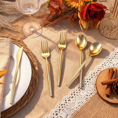 Rubtlamp 180Pcs Gold Plastic Silverware,Luxury Gold Plastic Cutlery,Heavy duty Golden Disposable Flatware, Utensils Set Disposable Include 60Gold Forks,60Gold Spoons,60Plastic Knives for Party,Wedding