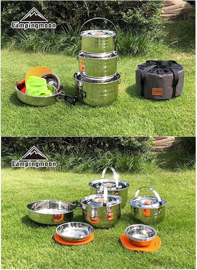CAMPINGMOON Camping Cookware Set Stainless Steel Outdoor Nesting Cooking Mess Kit Pots Pans Bowls with Storage Carrying Tote Bag