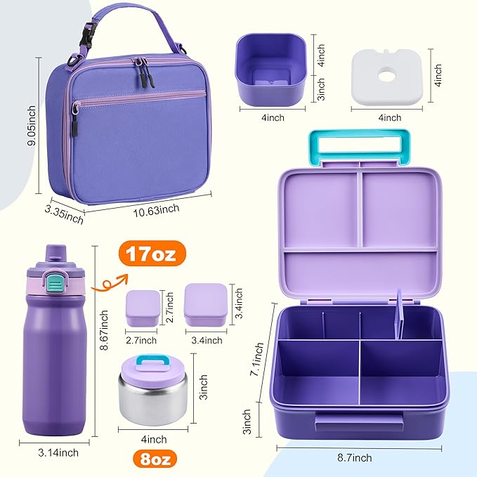 MAISON HUIS Bento Box for Kids with 8oz Soup Thermo, Leak-proof Lunch Food Containers with 5 Compartment, Insulated Lunch Bag & 17oz Stainless Steel Water Bottle for School, Trvael