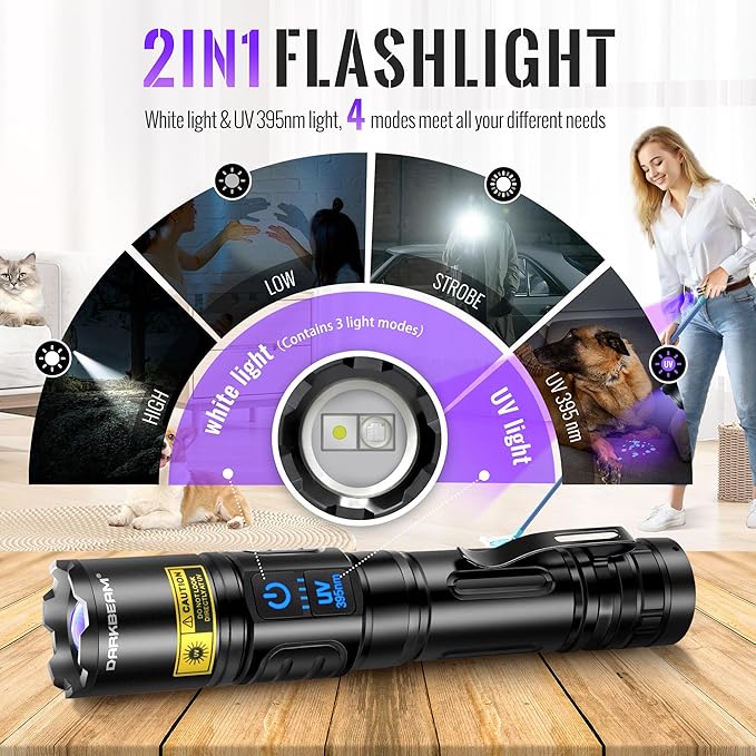 DARKBEAM UV Flashlight Blacklight 395nm Black Light, High Lumens LED Flashlights USB Rechargeable Super Bright for Camping, Powerful Woods Lamp Pet Urine, Uranium Glass Detector, Resin Curing