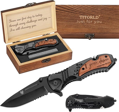 1 Year Anniversary Paper Gifts for Boyfriend, 1st Anniversary Present for Men Him Husband, First Year Marriage Keepsake, Wedding Date Engraved Pocket Knife with Gift Box, Personalized Mens knife
