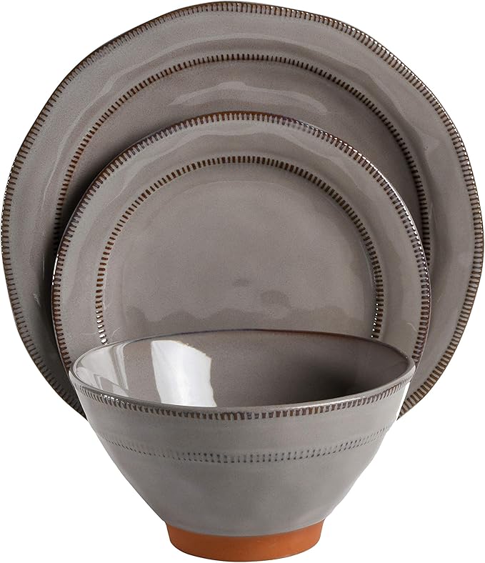 Gibson Elite Terranea Round Reactive Glaze Terra Cotta Dinnerware Set, Service for Four (12pcs), Grey