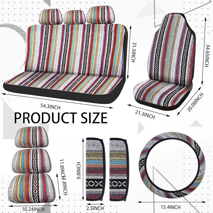 Frienda 14 Pcs Baja Car Seat Covers Full Set Multicolor Stripe Boho Print Steering Wheel Cover Seat Belt Cover Crystal Hanging Ornament Car Holders Fits (Stripe Style)