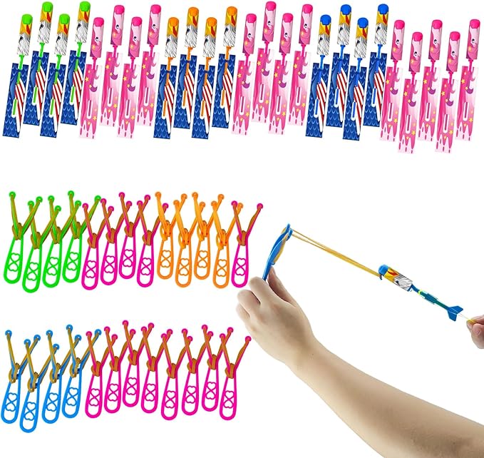 50 Pcs Slingshot Flying Toys with Led Lights,25 Pcs LED Arrow Helicopters + 25 Pcs Launchers,Summer Outdoor Game Glow in The Dark Party Supplies Party Favors for Kids 4-8,8-12 Bulk Toys