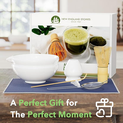 7 Pcs Matcha Whisk Set, Perfect Matcha Kit for Matcha Lovers Includes Ceramic Bowl, Bamboo Whisk, Holder, Scoop, Sifter & Cloth