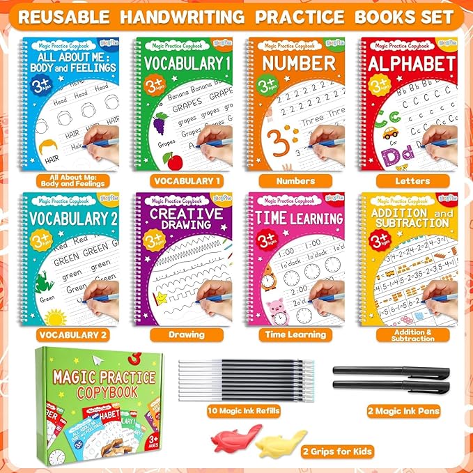 gisgfim 8 Pack Magic Grooved Writing Practice Books for Kids Reusable Magical Handwriting Workbooks with Disappearing Ink Pens Letter,Numbers,Math Tracing Copybook for Kindergarten Preschool Age 3-8