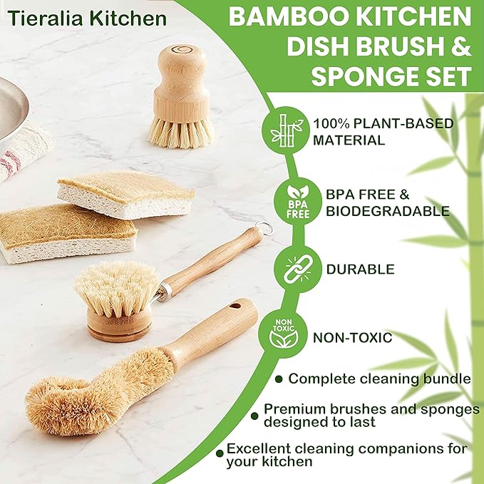 Tieralia Bamboo Dish Brush Gift Set – 5-Piece Kitchen Cleaning Set