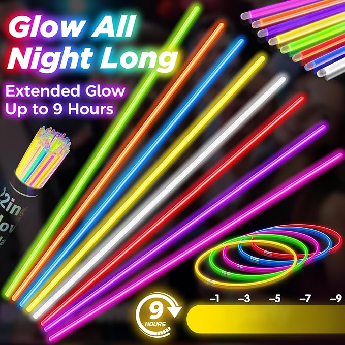 100Pcs Glow Sticks - 22 inch Glow In the Dark Sticks Party Supplies, Halloween Glow Party Pack for Kids with 9 Hours Duration, Halloween Party Favor Glow Necklace & Bracelet with 100Pcs Connectors