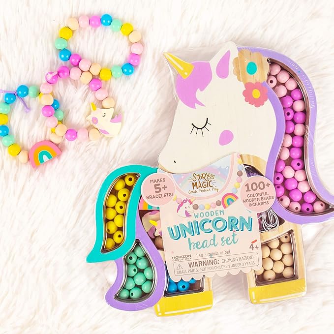 Story Magic Unicorn Bead Set by Horizon Group USA, Create Your Own Magical Beaded Jewelry, Includes Over 100 Natural Wooden Beads Large Hole, 5 Pre-Cut Elastic Cords with Shoelace Ends, Storage Case