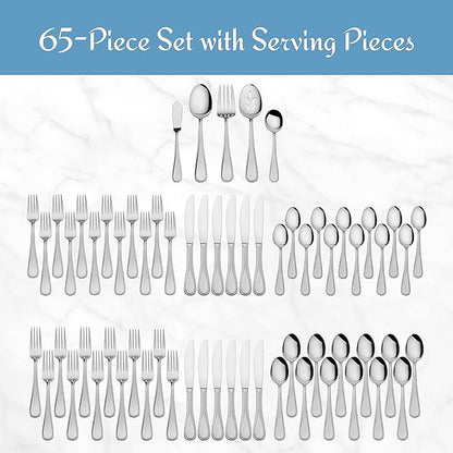 Mikasa Bravo 65-Piece Flatware Set for 12, 18/10 Stainless Steel Silverware with Full Service, Includes Forks, Knives, Spoons, and Serving Utensils