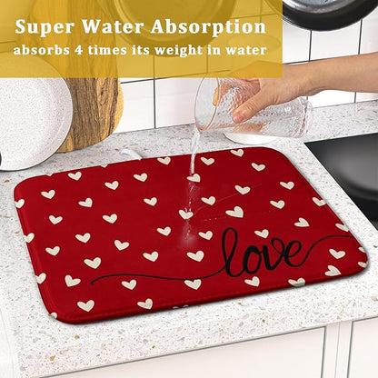 Giwawa Red Hearts Dish Drying Mat 16"x18", Valentines Day Symbol of Love Dish