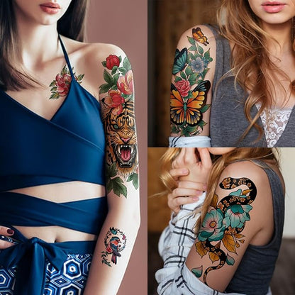 77 Sheets Temporary Tattoos Adult Kids Old School Skull Tiger Sword Cat Eagle Snake Lotus Flower Butterfly Half Arm Realistic Fake Tattoos Sticker for Women Men