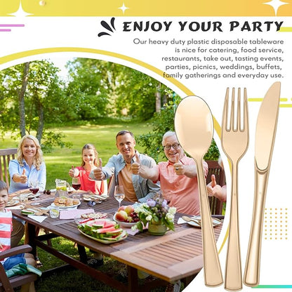 Minatee 150 Pieces Disposable Cutlery Set Plastic Silverware Heavy Duty Utensil Sets 50 Forks 50 Knives 50 Spoons for Home Office School Party Picnics Restaurant Outdoor Events(Coffee)
