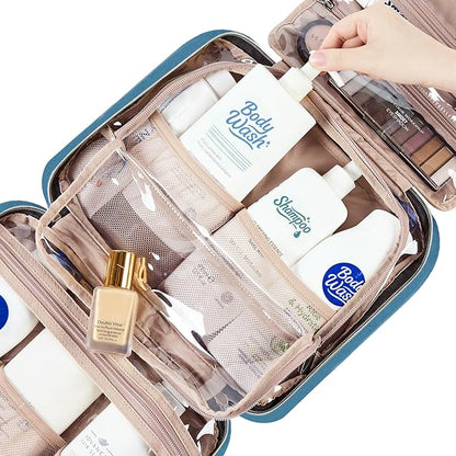 NISHEL Travel Toiletry Bag for women, Portable Hanging Organizer for Full-Sized Shampoo, Conditioner, Brushes Set, Makeup Accessories, Large Size, Lake-Blue