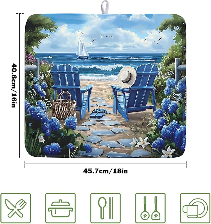 Summer Beach Chairs Dish Drying Mat Sea Wave Blue Floral Drying Mat fo Kitchen