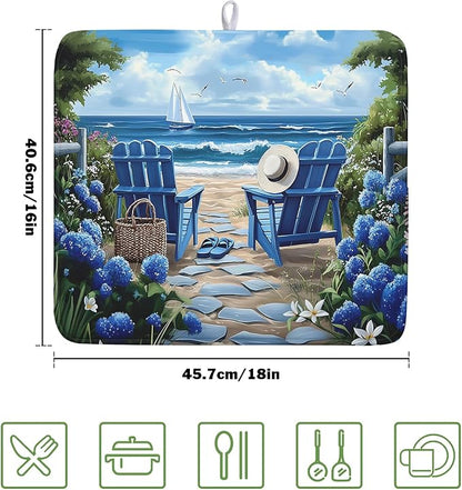 Summer Beach Chairs Dish Drying Mat Sea Wave Blue Floral Drying Mat fo Kitchen
